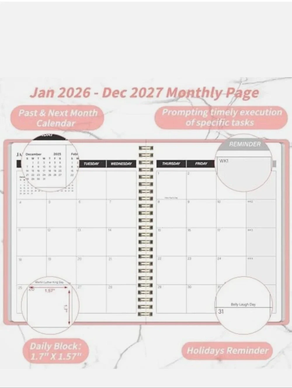 Monthly Planner 2026-2027, Jan 2026 - Dec 2027, 2 Year Calendar 2026-2027 Pink